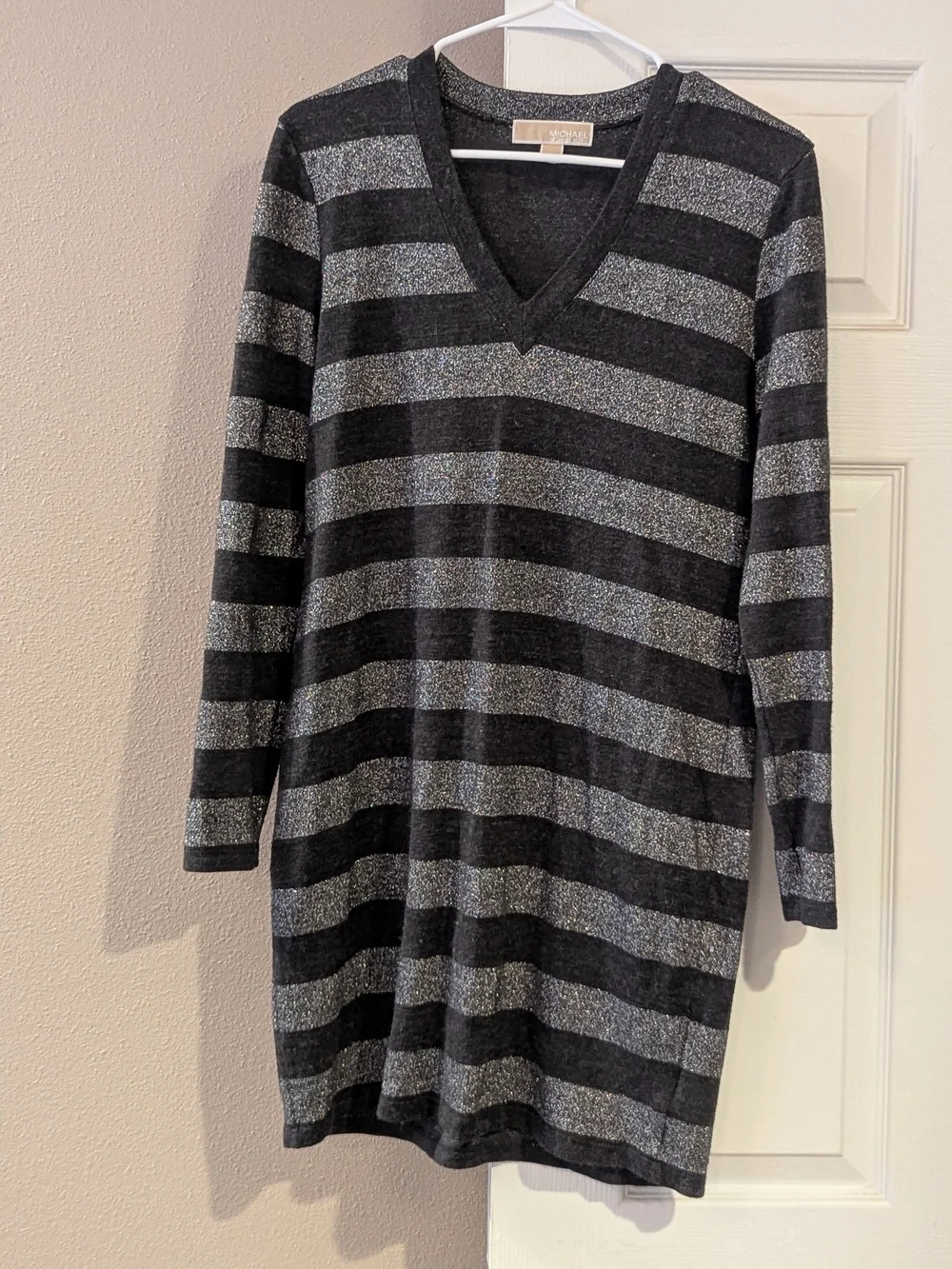 Michael Kors Black and Silver Striped V-Neck Sweater Dress